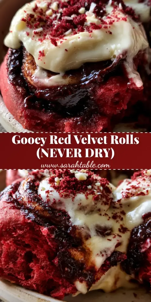Red Velvet Cinnamon Rolls with Indulgent Cream Cheese Frosting 4 A close-up vertical shot of warm red velvet cinnamon rolls with a thick swirl of cocoa filling and dripping cream cheese frosting. (red velvet cinnamon rolls)