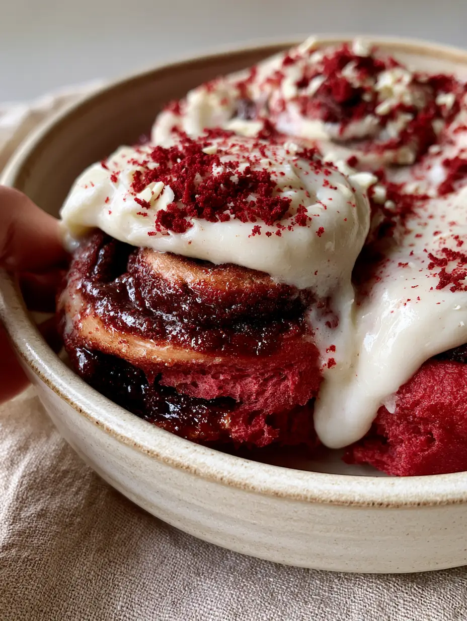 Red Velvet Cinnamon Rolls with Indulgent Cream Cheese Frosting 3 A handheld smartphone photo of a warm red velvet cinnamon roll being pulled apart from a cluster, showing the airy crimson crumb. (red velvet cinnamon rolls)