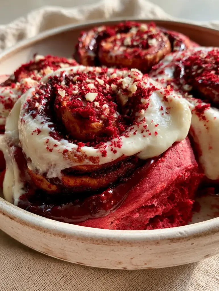 Red Velvet Cinnamon Rolls with Indulgent Cream Cheese Frosting 1 A rustic stoneware dish filled with red velvet cinnamon rolls topped with heavy white frosting, red cake crumbs, and white chocolate shavings.
