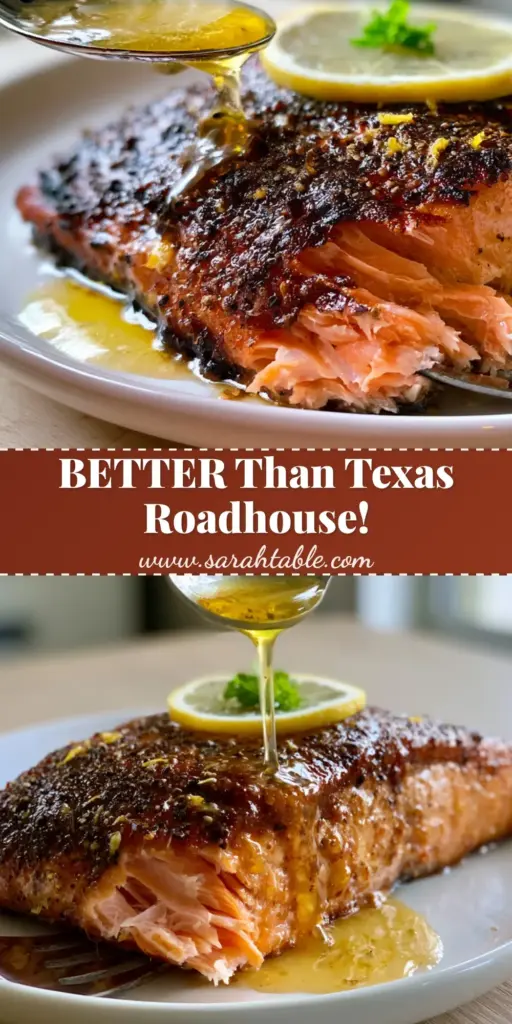Texas Roadhouse Style Baked Salmon with Glistening Lemon Pepper Butter 4 A close-up vertical shot of Texas Roadhouse style baked salmon on a white ceramic plate, showing a thick, dark, caramelized savory-salty crust and a glistening butter glaze.