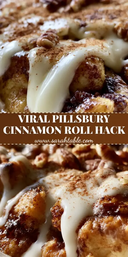 A close-up shot of a warm cinnamon roll casserole in a white ceramic dish, covered in thick white cream cheese icing and crunchy pecan halves.