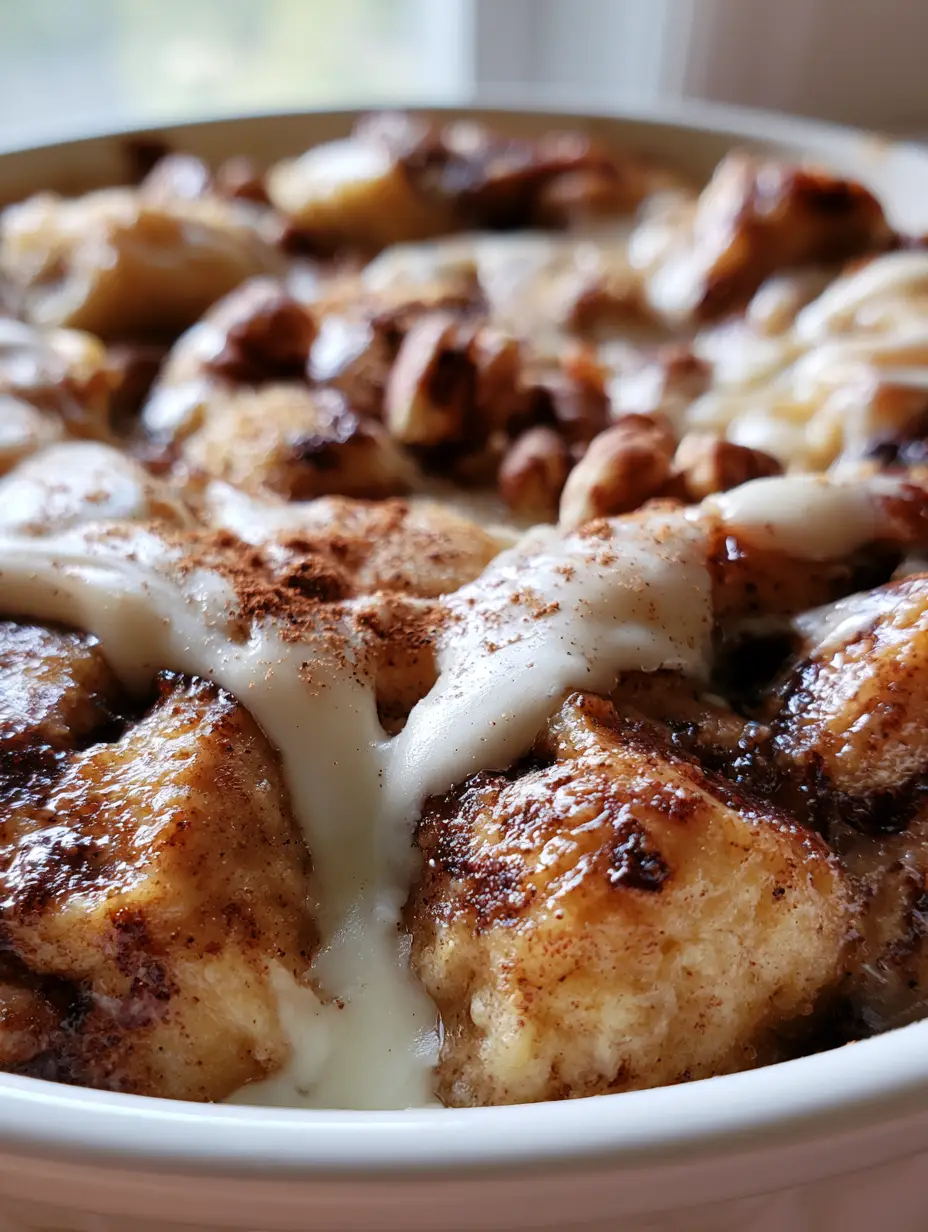 A macro photograph highlighting fluffy golden-brown chunks of a cinnamon roll casserole dripping with a glossy butter brown sugar glaze.