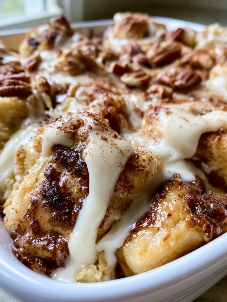 A smartphone-style kitchen photo of a finished cinnamon roll casserole pooling with thick opaque cream cheese icing and toasted pecan halves.