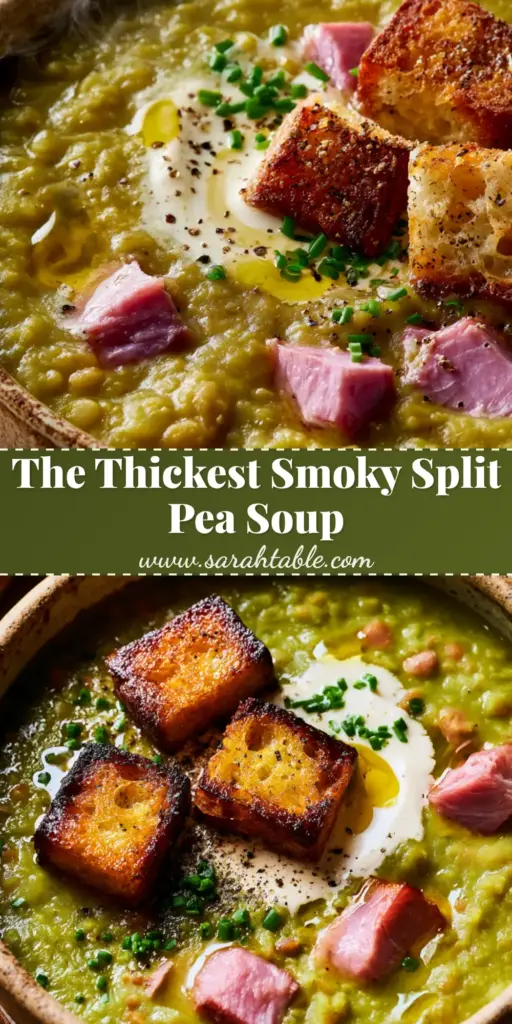Split Pea Soup with Seared Smoky Ham and Garlicky Croutons 4 A close-up of a rustic ceramic bowl filled with vibrant olive-green split pea soup, garnished with seared smoky ham chunks, three golden sourdough croutons, chives, and a swirl of cream.