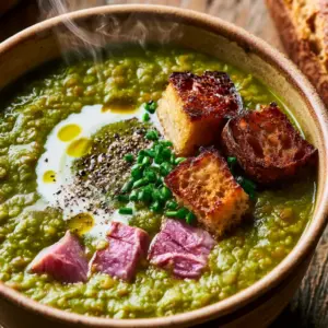 Lush textures of velvety green split pea soup featuring seared pink ham chunks and glistening droplets of extra virgin olive oil.