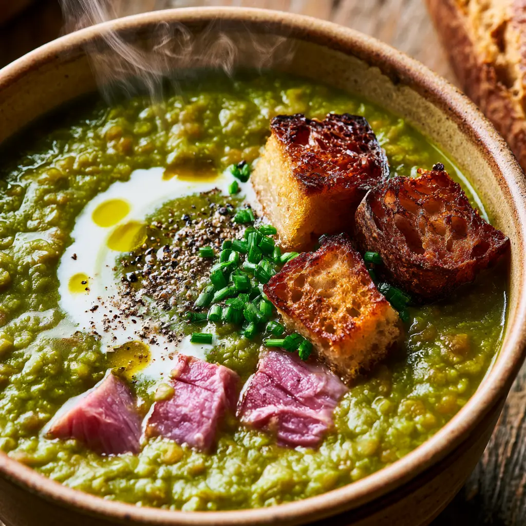 Lush textures of velvety green split pea soup featuring seared pink ham chunks and glistening droplets of extra virgin olive oil.