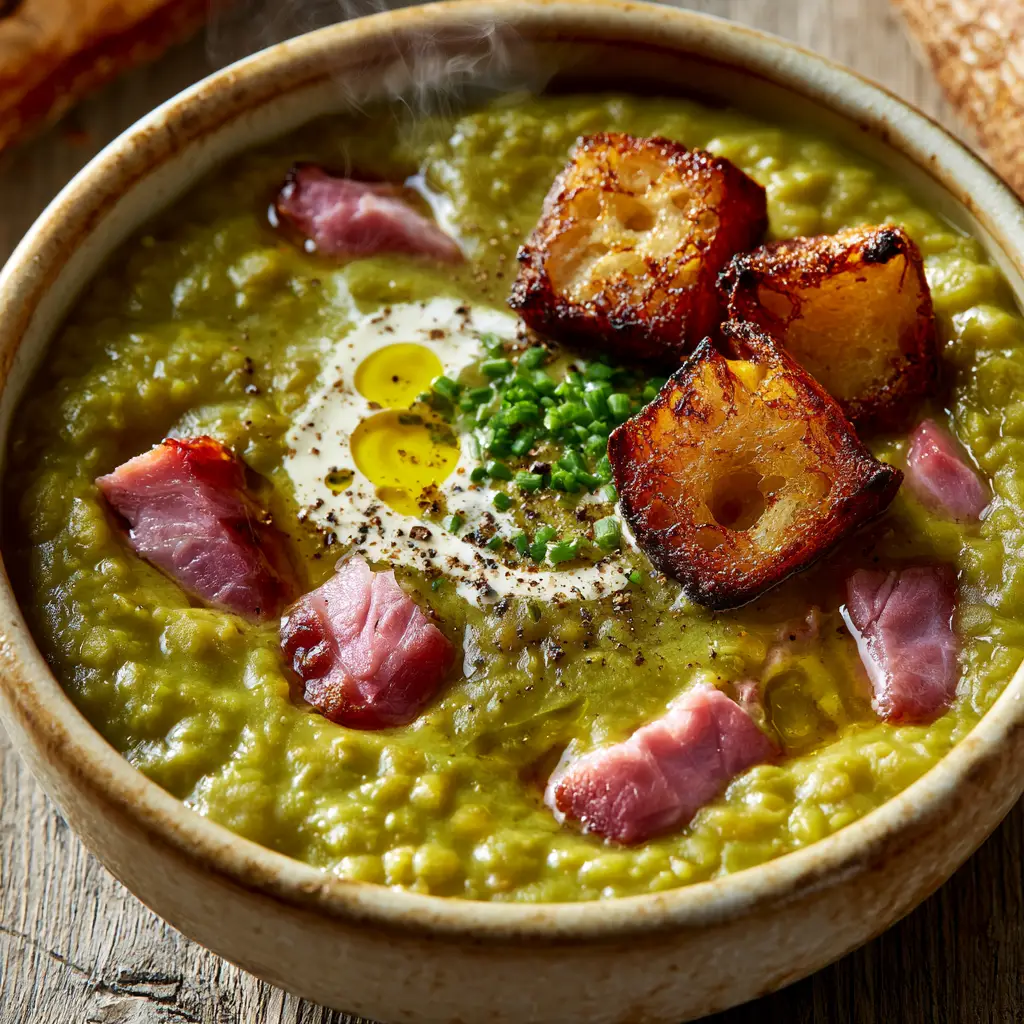 Split Pea Soup with Seared Smoky Ham and Garlicky Croutons 1 Top-down view of a ceramic bowl of split pea soup with rising steam, three large golden-brown croutons, and a slice of crusty sourdough bread on a wood background.