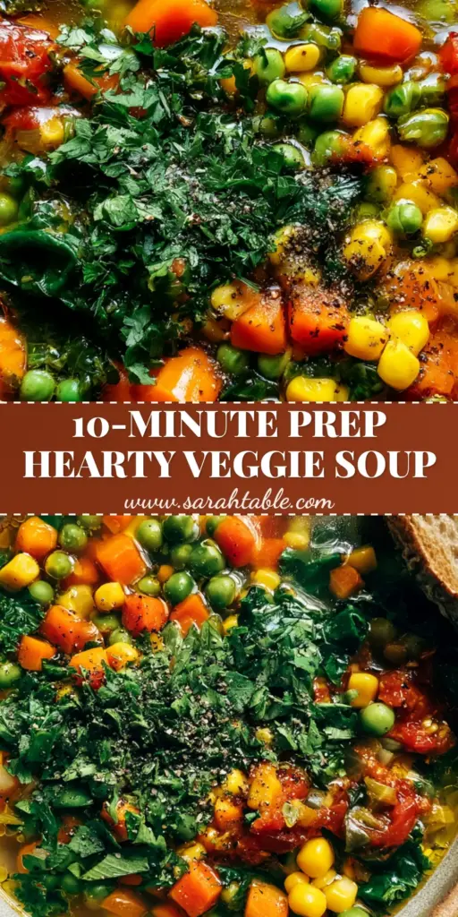 A top-down Pinterest Pin graphic displaying a vibrant bowl of easy vegetable soup with kale, carrots, and fire-roasted tomatoes alongside toasted sourdough bread.