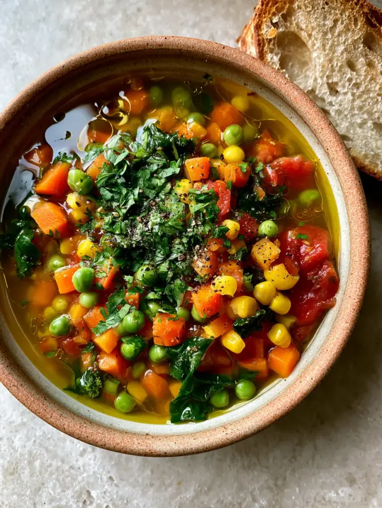 A rustic ceramic bowl of easy vegetable soup filled with vibrant carrots, peas, and kale in a translucent golden broth with droplets of olive oil.