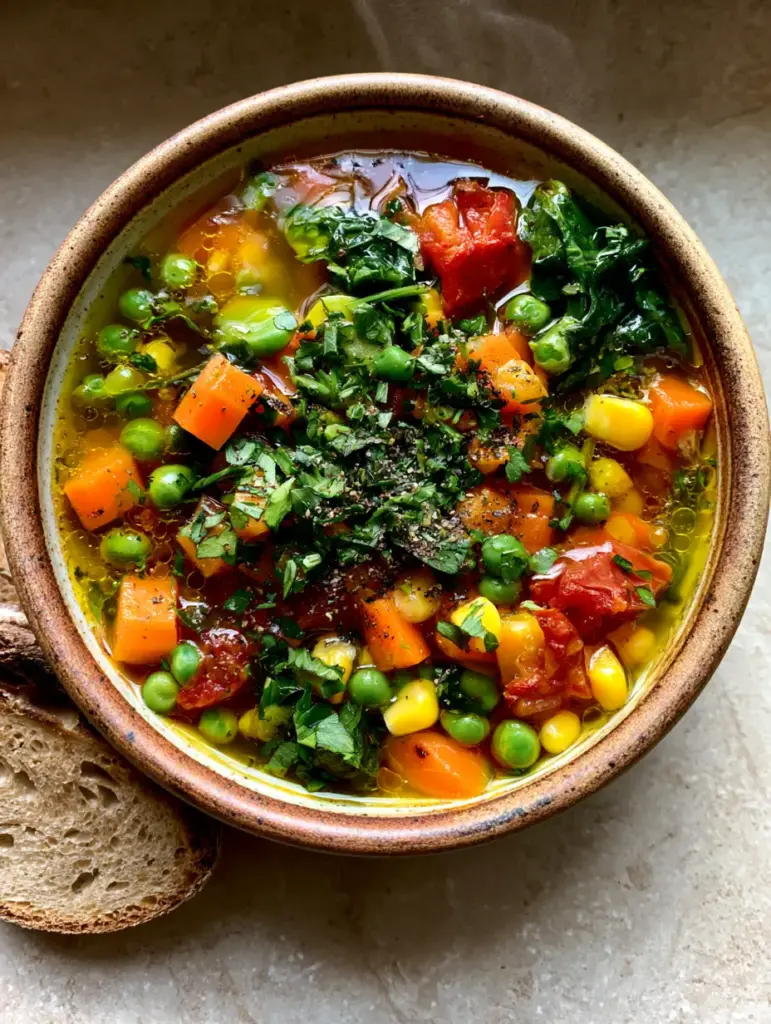 Close up shot of golden savory soup broth with glistening extra virgin olive oil droplets, diced carrots, corn, and fire-roasted tomatoes.